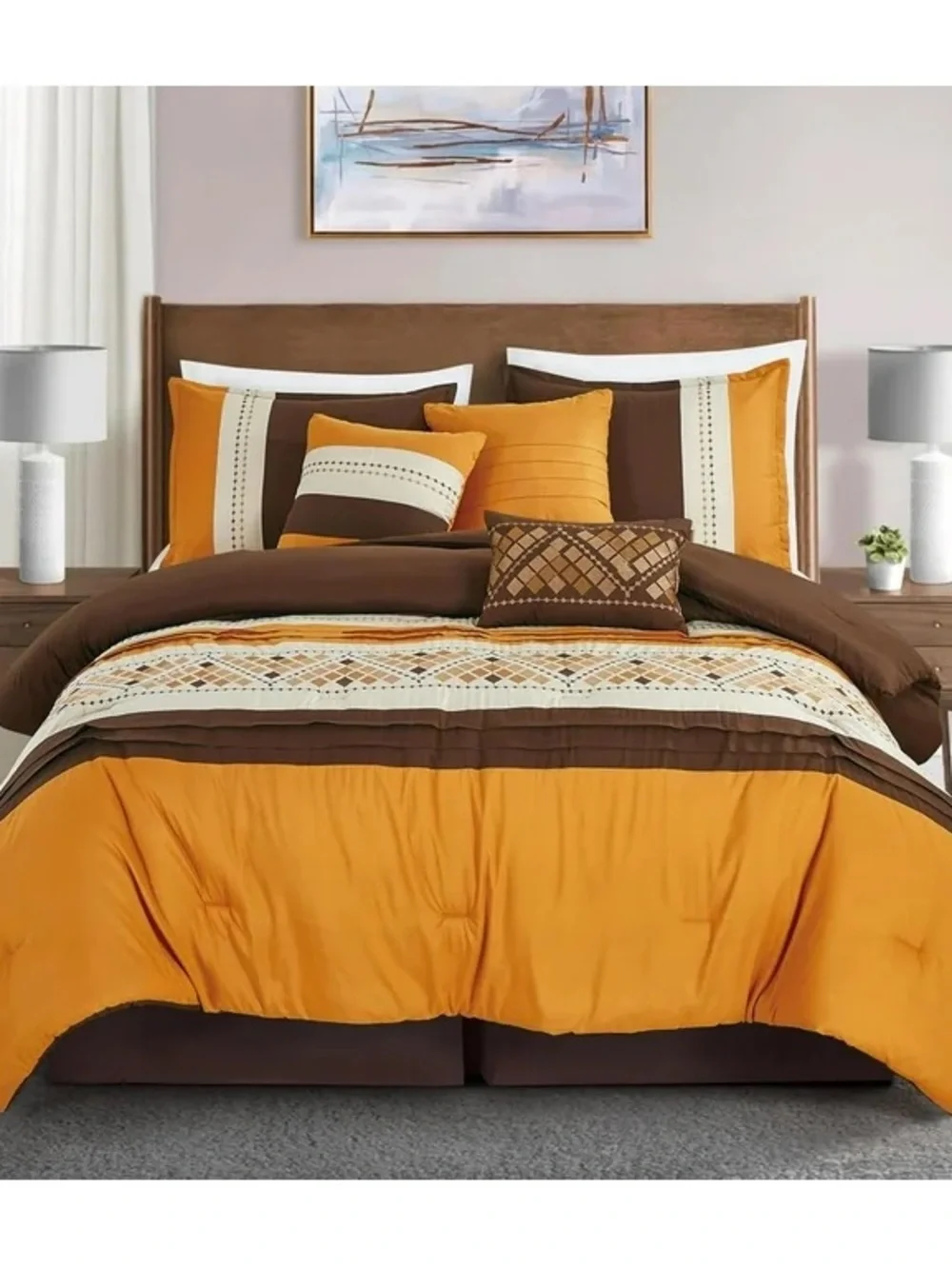 Brown and Orange Geometric 3 piece Comforter Set